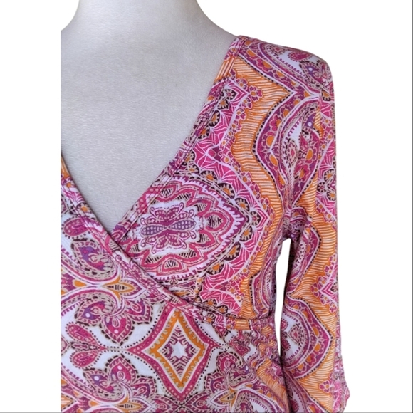 Prana Nadia Veeda Faux Wrap Colorful Orange Pink Midi Dress Size Large - Picture 4 of 9